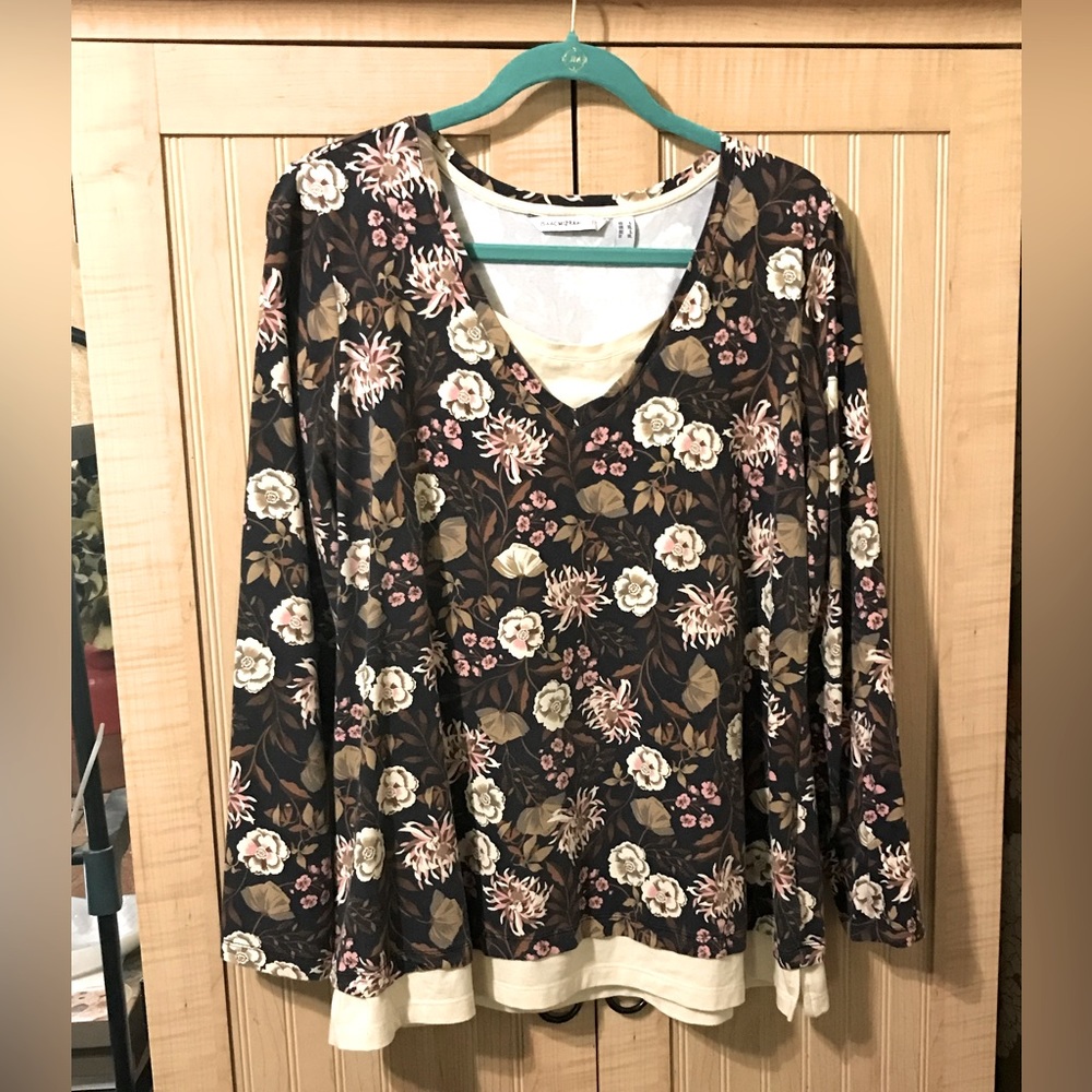 QVC Isaac Mizrahi Layered look Top, Tunic, brown, cream, peach multi.